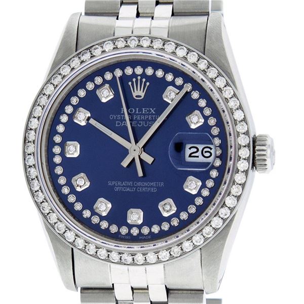 Rolex Mens Stainless Steel Blue String Diamond 36MM Datejust Oyster Perpetual Wr