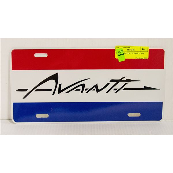 AVANTI PLASTIC LICENSE PLATE