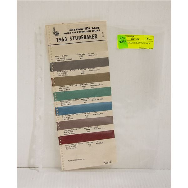 1963 STUDEBAKER PAINT COLOUR CHIPS