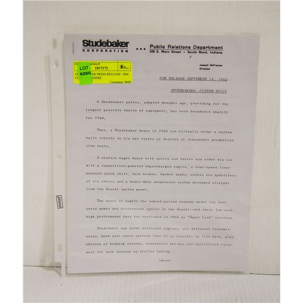STUDEBAKER PRESS RELEASE  1964 CUSTOM ORDERS