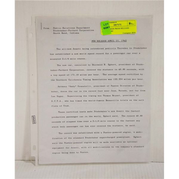 STUDEBAKER PRESS RELEASE - AVANTI 1962