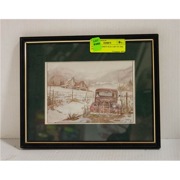 PAIR OF FRAMED OLD CARS IN THE FIELD