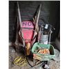 Image 1 : SCOTTS SPREADER, WHEEL BARROW, JACKALL, PAIL OF RE-BAR & FUEL TRANSFER GUN