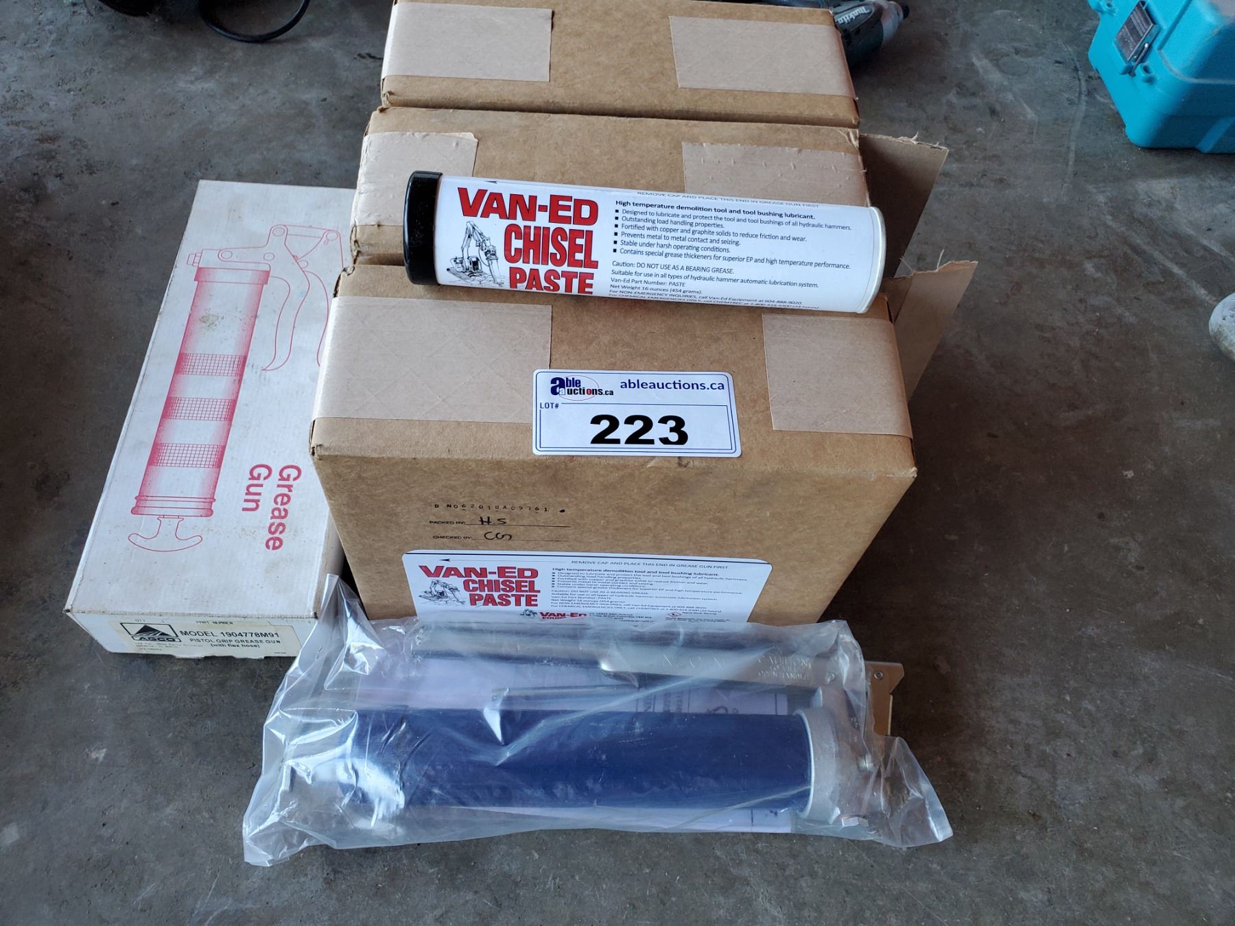 3 BOXES OF VAN-ED CHISEL PASTE AND 2 GREASE GUNS