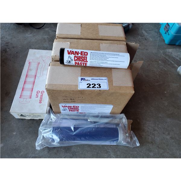 3 BOXES OF VAN-ED CHISEL PASTE AND 2 GREASE GUNS