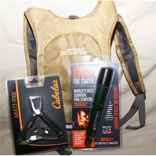 Tan Backpack, Multi-tool, Firestarter (set of 3 things)