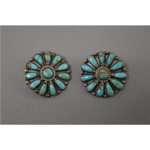 NATIVE AMERICAN ZUNI SILVER AND TURQOUISE EARRINGS SIGNED MC
