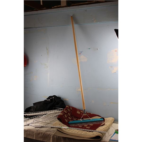 Metal Rack, Broom, 2 Rugs (27  x 44 ) (30  x 46 )