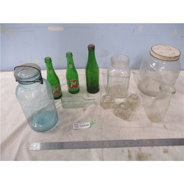 Pair of 7-Up Bottles and Assorted Vintage Glassware