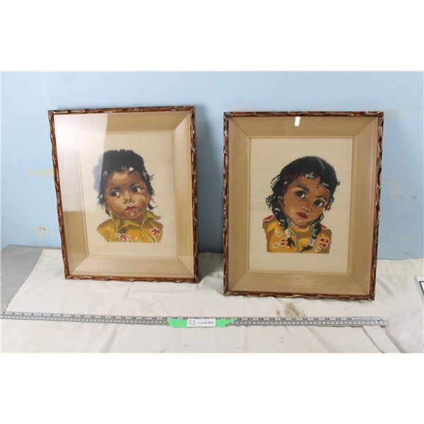 (2X THE MONEY) Native Children Needlework Pictures (14.5" x 18")