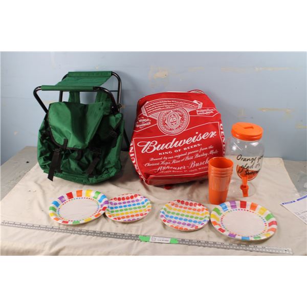 Budweiser Back Pack, Small Folding Chair and Backpack? Plus Plastic Drink Dispenser and Plates