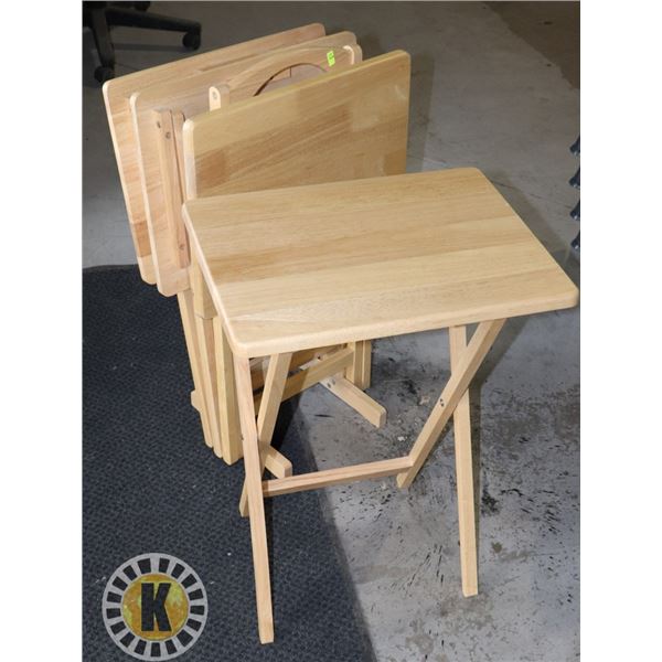 FOUR WOOD TV TRAYS WITH STAND