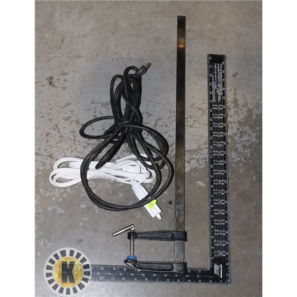 BUNDLE OF TOOLS INCLUDING CLAMP, EXTENSION CORDS