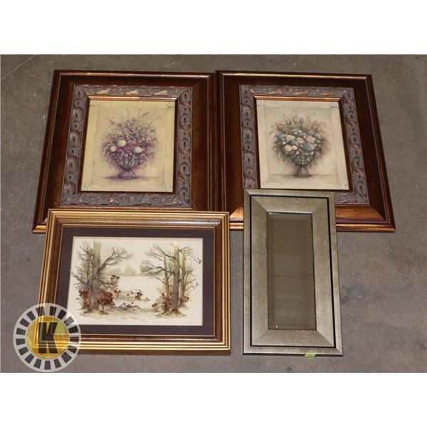 3 PICTURE FRAMES & MIRROR ART