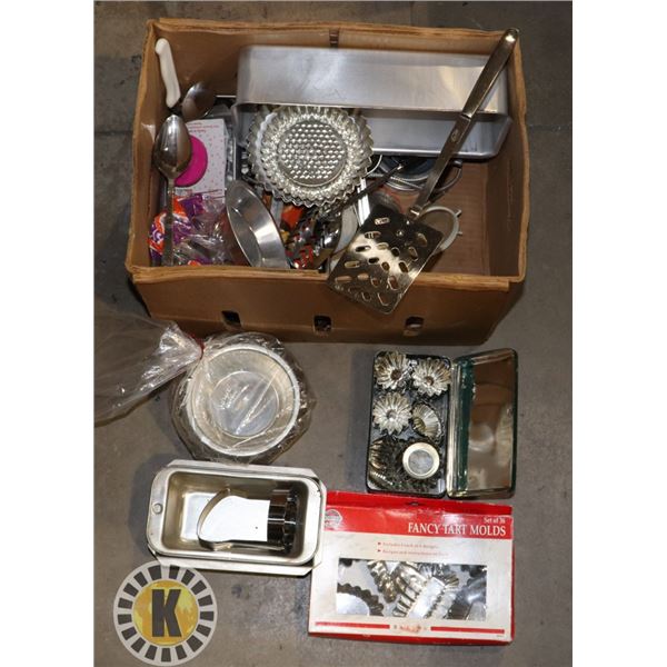 BOX OF ASSORTED BAKING AND OTHER KITCHEN UTENSILS