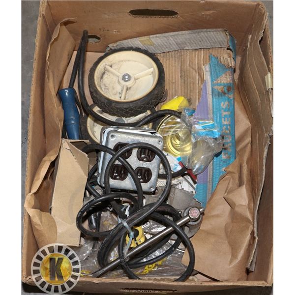 BOX OF ASSORTED TOLLS FOUR ELECTRIC OUTLET BOX