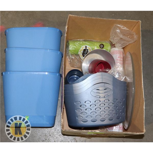 BOX OF SMALL GARBAGE CONTAINERS AND OTHER ITEMS