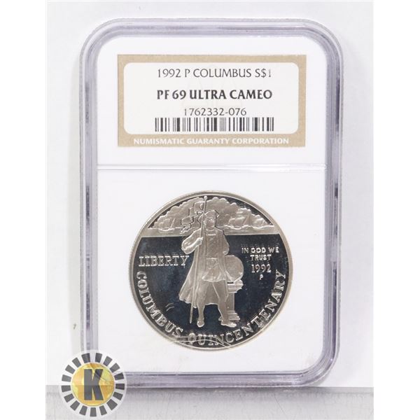 1992 P SILVER USA COLUMBUS $1 COIN CERTIFIED NGC