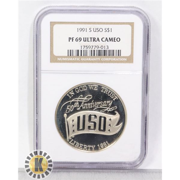 1992 P SILVER USA USO $1 COIN CERTIFIED NGC PF69