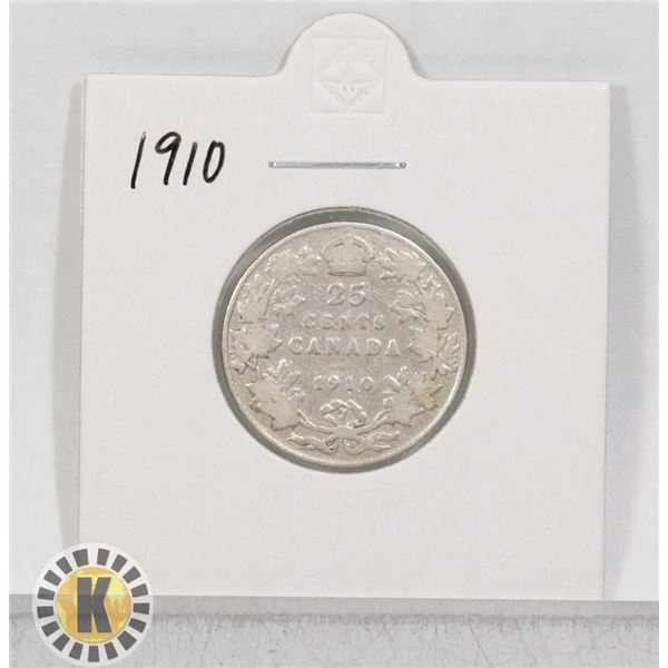 1910 SILVER CANADA 25 CENTS COIN