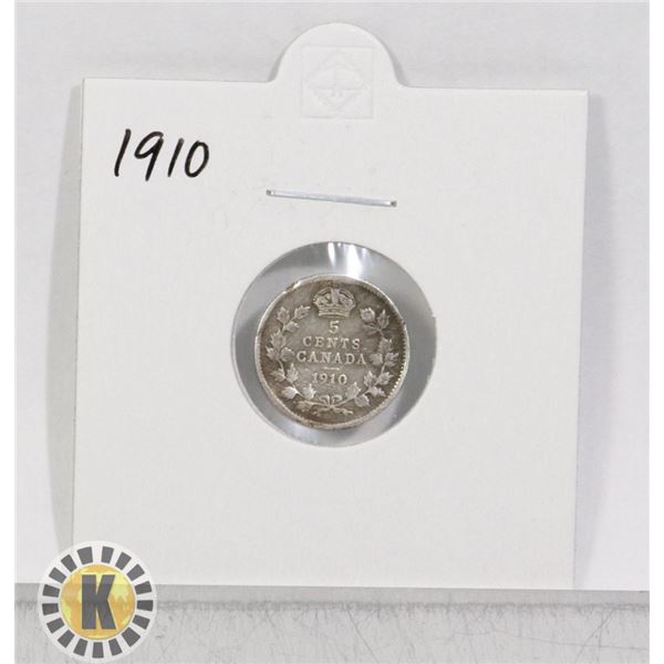 1910 SILVER CANADA 5 CENTS COIN