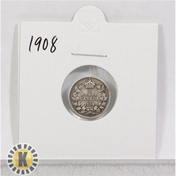 1908 SILVER CANADA 5 CENTS COIN