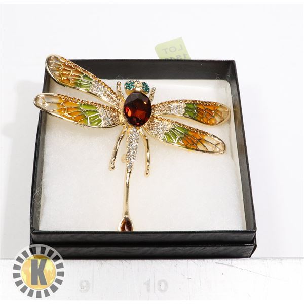 LARGE DRAGONFLY, AMBER STONE, RHINESTONE BROOCH