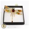 Image 1 : LARGE DRAGONFLY, AMBER STONE, RHINESTONE BROOCH
