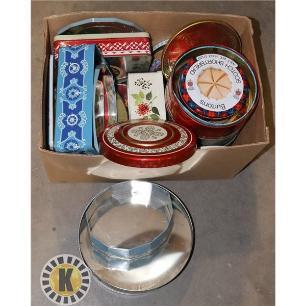 BOX OF ASSORTED COOKIE TIN CANS