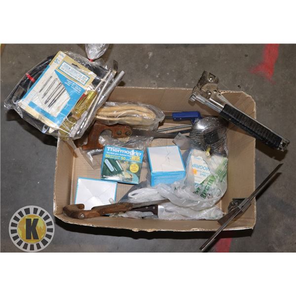 BOX OF ASSORTED TOOLS WITH WALL STAPLER