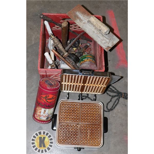 SMALL CRATE WITH WAFFLE MAKER AND ASSORTED ITEMS