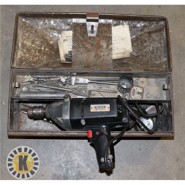 BROWN TOOL BOX WITH ELECTRIC DRILL