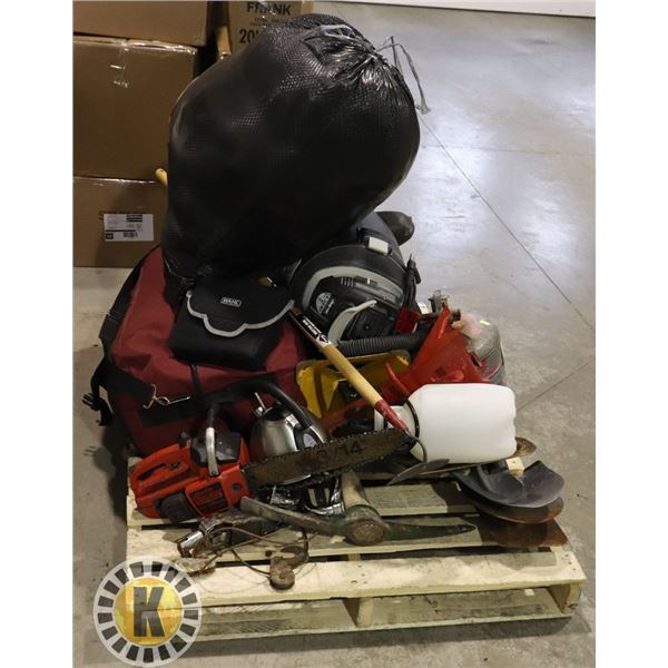 ESTATE PALLET OF ITEMS INCLUDING SHOP VAC, SHOVEL,
