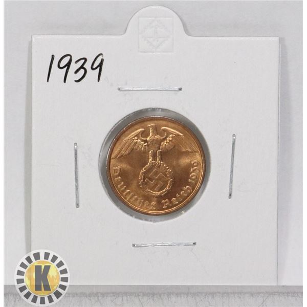 1939 WWII NAZI GERMANY 2 REICHSPFENNIG COIN