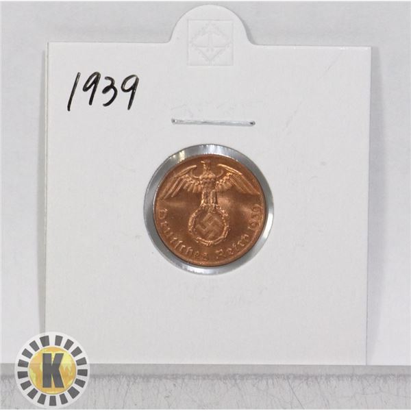 1939 WWII NAZI GERMANY 1 REICHSPFENNIG COIN