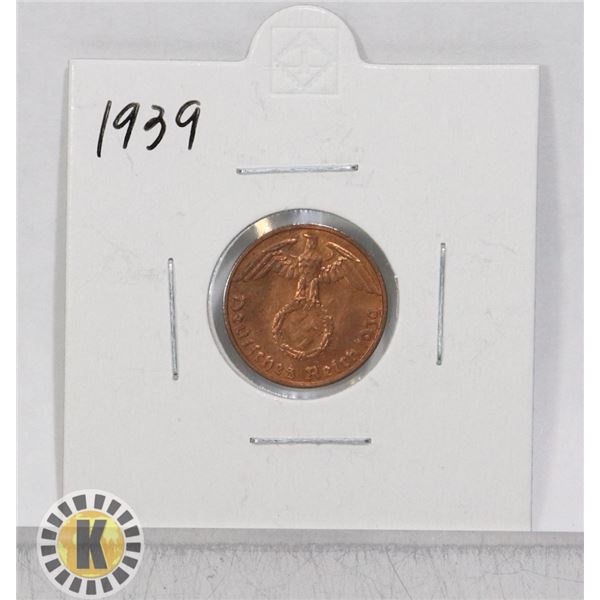 1939 WWII NAZI GERMANY 1 REICHSPFENNIG COIN