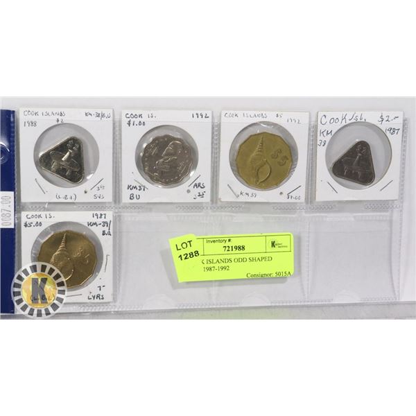 5 COOK ISLANDS ODD SHAPED COINS 1987-1992