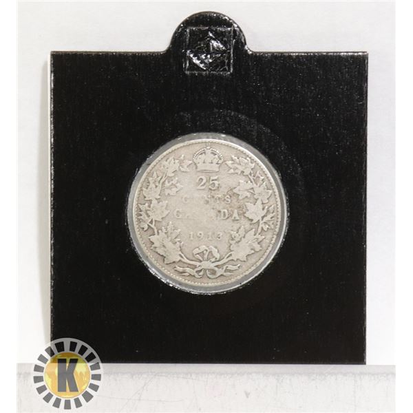 1913 GEORGE V SILVER CANADIAN 25 CENT COIN