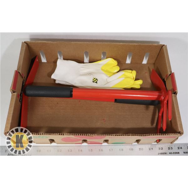 BOX OF FARM EQUIPMENT & PAIR GARDEN GLOVES