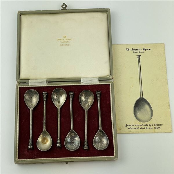 Vintage Cased Solid Silver Set Of 6 The Leicester Spoon 8.8cm Thomas Bradbury.  Ref: Noob