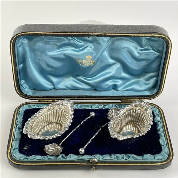 Pair Of Antique Sterling Silver Boat Salt Cellars And Shell Salt Spoons Cased.  Ref: Noob