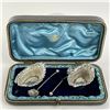 Pair Of Antique Sterling Silver Boat Salt Cellars And Shell Salt Spoons Cased.  Ref: Noob