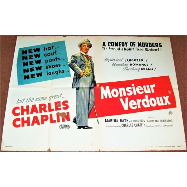 CHARLES CHAPLIN STUNNING RARE UK QUAD PROMO FILM POSTER 'MONSIEUR VERDOUX' 1947  Ref: OKO