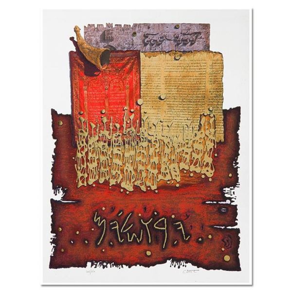 Moshe Castel,  Shofar above Lion's Gate  Limited Edition Gold Embossed Serigraph