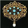 Vintage 14k Yellow Gold Round Turquoise & Pearl Open Work Brooch Pin Pendant