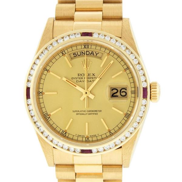 Rolex Mens 18K Yellow Gold Champagne Index & Ruby Quickset President Wristwatch