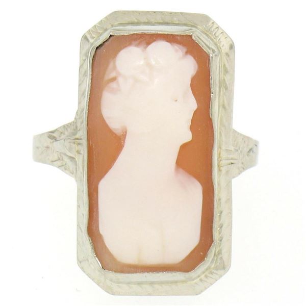 Antique 14kt White Gold Bezel Set Rectangular Carved Shell Cameo Ring