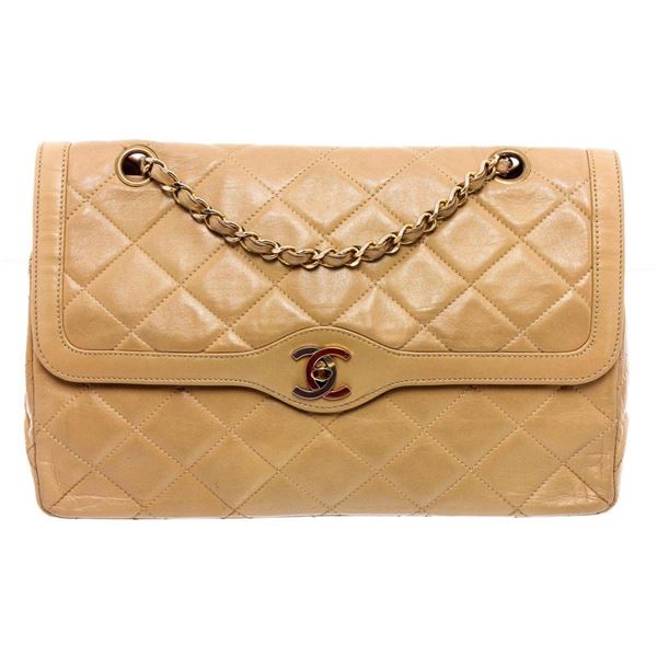 Chanel Vintage Beige Quilted Leather CC Double Flap Bag