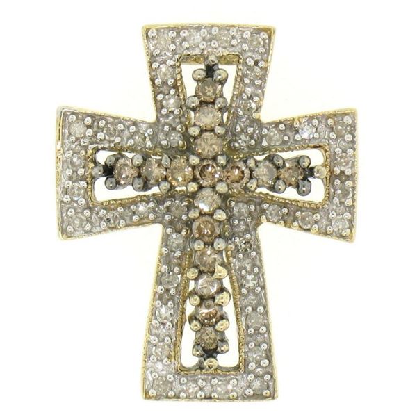 14k Two Tone Gold 1.00 ctw Champagne & White Diamond Petite Cross Slide Pendant