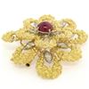 Image 3 : Vintage French 18K TT Gold 4.27 ctw Diamonds & Ruby Textured Flower Burst Brooch
